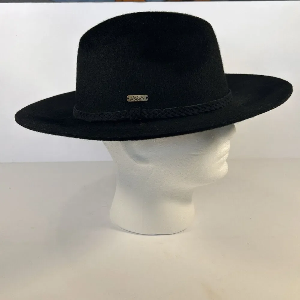 Adora Western Style Wool‎ Hat Black Braided Leather Accent One Size USA Made
